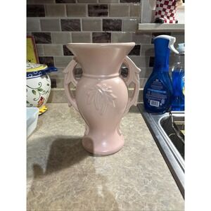 Vintage McCoy Pottery Salmon Pink Vase with Double Handles and Leaf Motif